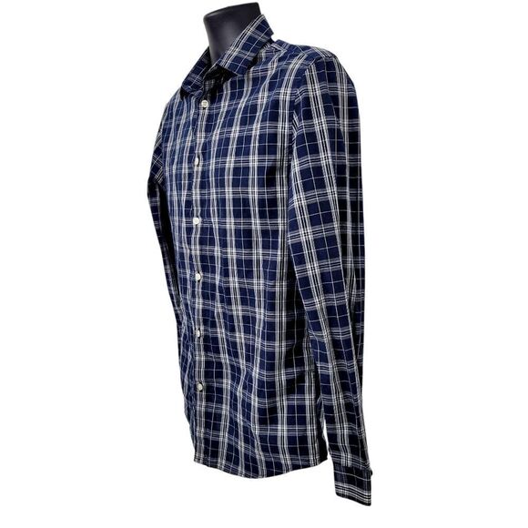 2/$20 H&M Navy Blue & White Plaid Pattern Buttons Down Shirt Slim Fit Size: M - Picture 6 of 12